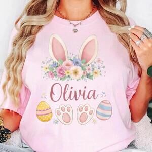Easter Bunny Name T-Shirt Bunny Ears Floral Name Tee